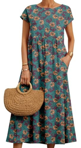 Robe d'été midi imprimée en coton et lin à manches courtes pour femme - Robe ample décontractée avec poches, L