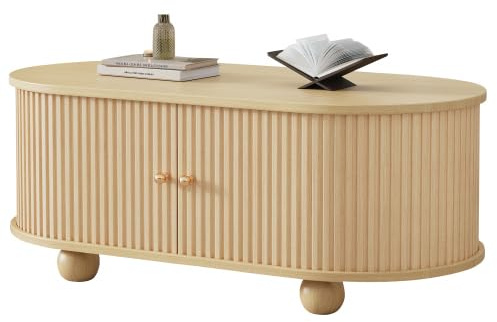 HAINEW Moderner Oval Couchtisch Wohnzimmertisch mit Schiebetüren und Stauraum, Sofatisch Beistelltisch Kaffeetisch für Wohnzimmer, Schlafzimmer, 100×50×40cm, Holzfarbe, Platzsparendes