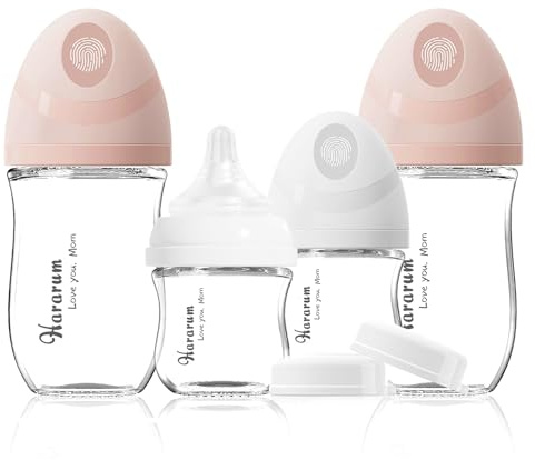 Set Cadeau Biberons en verre pour Nouveau-nés, Biberon Anti-colique, 0-6 mois, 80 ml & 160 ml, Tétines a débit très lent (SS) et Débit lent (S), Lot de 4 - Blanc & Rose
