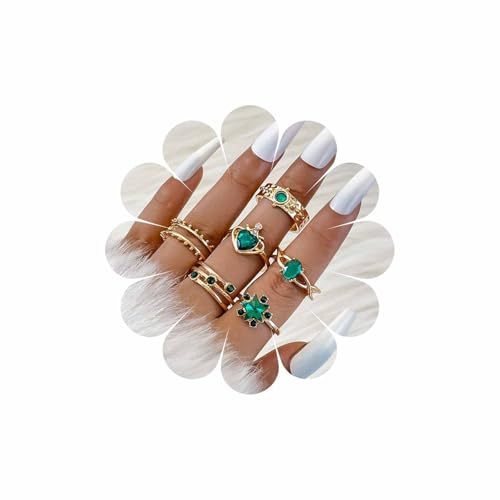 Wendalern Stackable Rings Set for Women Dainty Emerald Green Crystal Heart Square Knuckle Rings Stacking Diamond CZ Crown Star Index Finger Rings Aesthetic Jewelry for Women