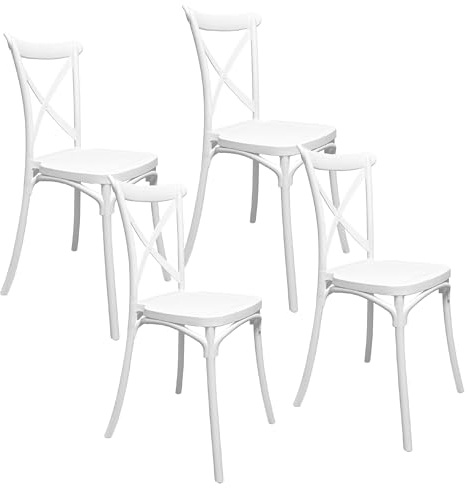 Baroni Home Set 4 Sedie in Plastica Bianca – Impilabili, Senza Montaggio, Facili da Pulire, con Gommini Antiscivolo, per Cucina, Soggiorno, Sala da Pranzo, Esterno 44x44x82 cm, Schienale Intrecciato