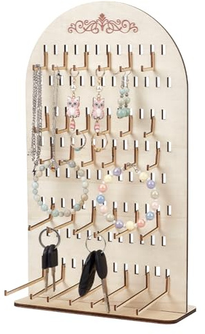 PH PandaHall Trä pinntavla displaystativ med 78 krokar, stor smyckeshållare organiserare bågformat träörhänge displayställ för hemshow butik, örhängen armband nyckelring display, 20 x 35,5 x 10 cm