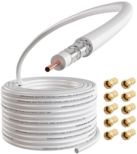 Poppstar 100m Koaxialkabel (RG6, diameter 7,3mm, transparent PVC-mantel, CCS innerledare), med F-kontakter