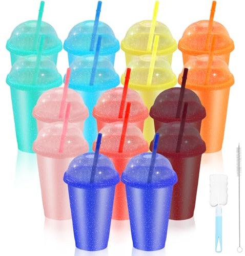 CoKeeSun 16pcs Plastikbecher, 16oz/475ml Trinkbecher mit Strohhalm & Deckel | 8 Farben, Glitzer Farbwechsel Becher, Wiederverwendbare Slush eis Beche für Eiskaffee Kaltes Trinken Smoothie Saft