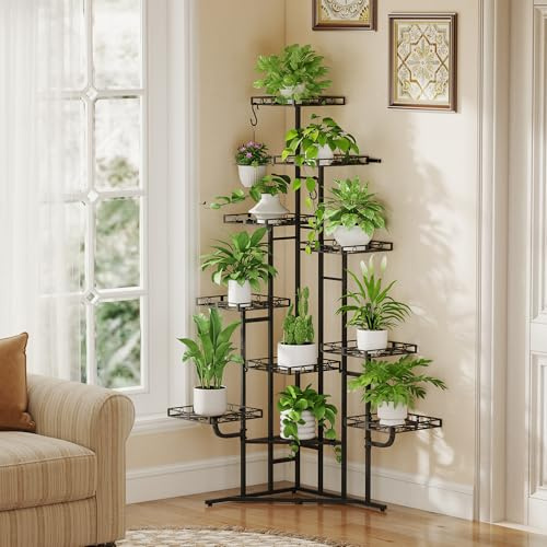 Quikraen 9 Ebenen Blumenständer, Pflanzenständer, 150cm, Metall, Schwarz | L-förmiges Design Pflanzenregal, Outdoor & Indoor Blumenregal, Blumentreppe für Wohnzimmer, Garten, Balkon, Rostbeständigen
