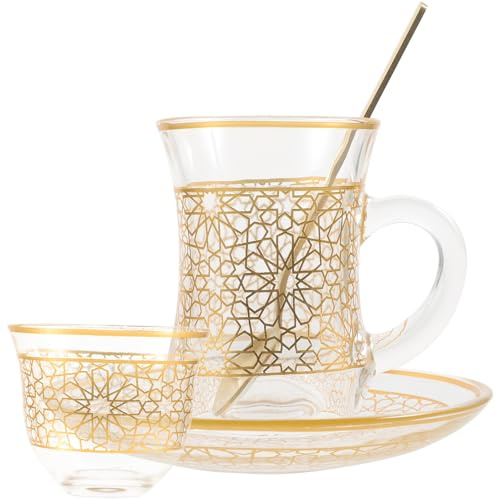 DECOMELODY Set da 6 Tazze da in Vetro da 200 Ml con Piattino Tazze da Latte e Cappuccino Leggere e Decorate per Casa e Ufficio