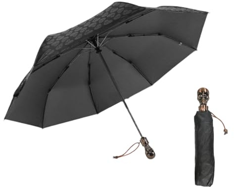 Bibykivn Sturmfester Regenschirm für Damen & Herren mit UV-Schutz, Totenkopf-Griff, Auf-Zu-Automatik, winddichtem Doppelverdeck und verstärktem, faltbarem Reise-Design (Schwarz 1)