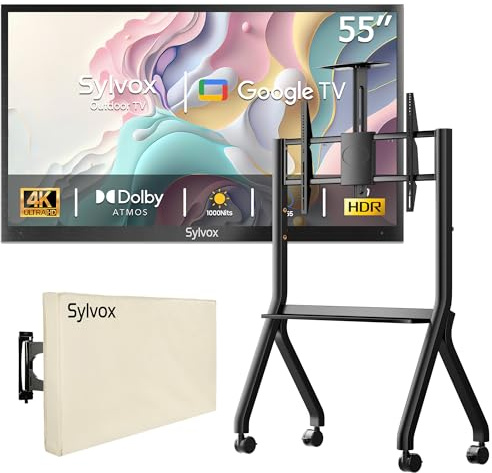 SYLVOX 55 TV da Esterno con Copertura & Supporto Televisore con Ruote - 4K HDR10 1000Nits, Smart Google Outdoor TV IP55 Impermeabile, DVB-T2/S2/C, per Piscina, Giardini, Terrazza (Deck Pro 2.0)
