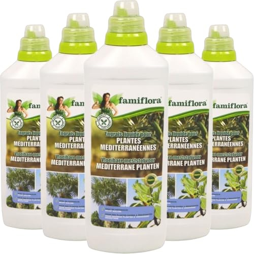 Famiflora engrais liquide pour plantes méditerranéennes 5L (5 x 1L) - Lot avantageux d'engrais pour oliviers. palmier. agrumes. figue - Pour plantes méditerranéennes du sud