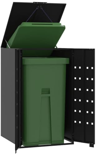 Mokuyary Rangement à roulettes pour poubelles pour bac Unique Noir Acier, Abri de Jardin Cache pour poubelles, Conteneur d'extérieur Coffre de Rangement