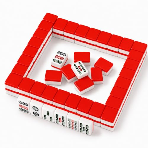 Hiseng Mini Mahjong Set 144 Steinen Kein Koffer, Tragbares Chinesisches Mahjong Spiel für Reise & Spieleabend, Leichtes Kompaktes Tischspiel, Traditionelles Familienspiel (Rot)