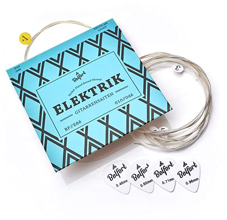 BELFORT® E-Gitarren-Saiten - Erstklassige Nickel-Gitarrensaiten für E-Gitarre (6-Saiten-Set) inkl. 4 Plektren + Extra hohe E-Saite (Gitarre Saiten E-Gitarre, Electric Guitar Strings) E Gitarre Zubehör