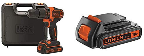 BLACK+DECKER BDCHD18K, Taladro Percutor 18 V,BL2018, Batería de Litio Tipo Carril de 18 V