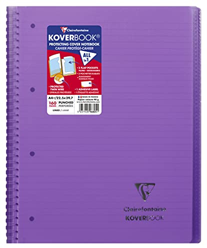 Clairefontaine 596805C - Heft Spiralblock Koverbook DIN A4+, 80 Blatt 90g, liniert mit Rand, abtrennbar, 4-fach gelocht, Einband aus transparentem PP, Violett, 1 Stück