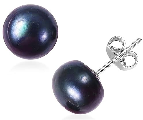 TJC Freshwater Pearl Stud Earrings for Women 10MM Stud Blue 925 Sterling Silver Platinum Plated, Classic Solitaire Earrings, Elegant Jewellery Gift