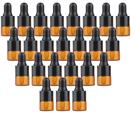VASANA 24 botellas vacías recargables de vidrio ámbar cuentagotas de 1 ml, botellas de aceite esencial, recipientes de muestra cosmética para aceite esencial cosmético, 24 piezas, 1ml