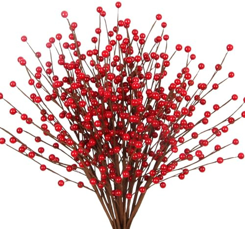 ZIFTY 15Pcs Christmas Artificial Holly Berry Stem, 16.5 Inch Holly Berry Pick Decorative Wire Branch Sprays for Christmas Tree Decorations Flower Arrangements Wedding Holiday Home Decor (Red)