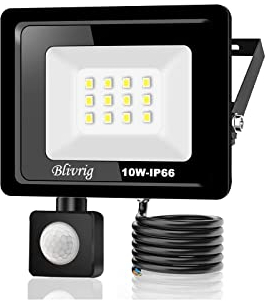 Blivrig 10 W - Proiettore a LED, rilevatore di movimento, 1000 lm, proiettore a LED per esterni, con sensore bianco freddo (6000 K), impermeabile IP66, proiettore LED esterno di sicurezza, per garage,
