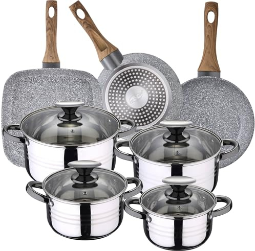 Bateria de cocina 8 piezas SAN IGNACIO Dina, acero inoxidable, con juego sartenes (18/22 cm) y grill 28x28 cm SAN IGNACIO Daimiel en aluminio forjado