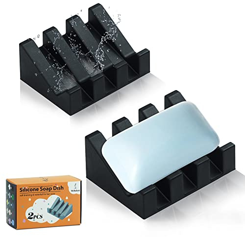 Silicone Soap Dish for Bar Soap Holder for Shower Bathroom Self Draining Waterfall Drying Tray Keep Soap Bars Dry Clean & Easy Cleaning (Black*2, 2)