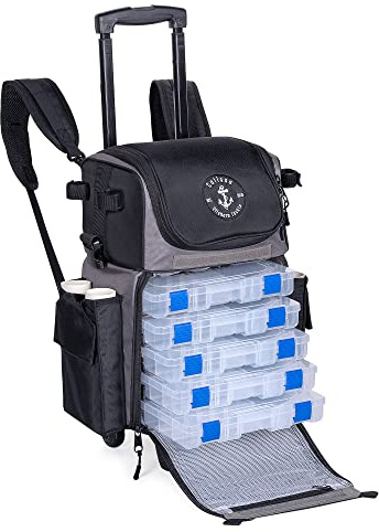 Calissa Offshore Rolling Fishing Tackle Box mit Rollen, wasserdichter Angelrucksack mit Rutenhaltern, Aufbewahrungstasche, Roller