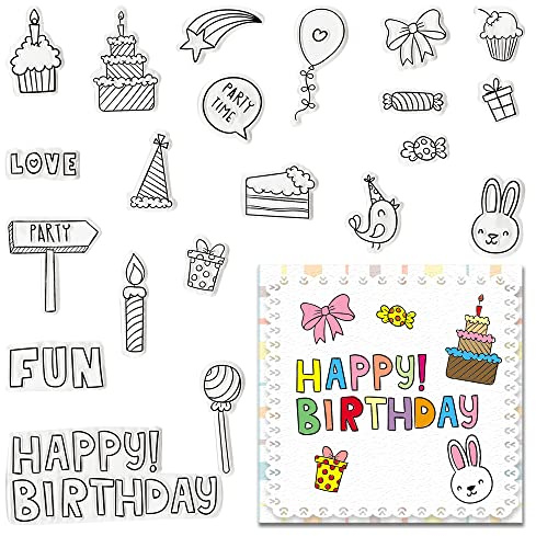 Birthday Cake Candy Clear Stamps for Card Making and Journaling, Balloon Bow Gift Silicone Stamps Birthday Words Rubber Stamps for Scrapbooking DIY Cards Album Crafts Supplies