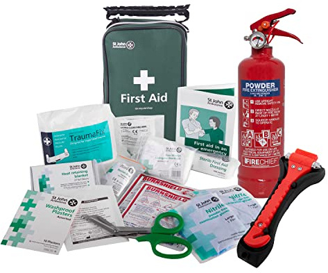 Safelincs Vehicle Safety Kit with Car Fire Extinguisher, Glass Hammer & St John Ambulance First Aid Kit