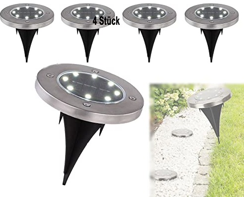 bmf-versand® Solarlampen für Außen 4er Set - 4 Gartenlampen mit Erdspitz - Wegeleuchte für Rasen oder Beet 12 cm - Aussenlampe LED Wegelampe - Gartenlampe Edelstahl 4 Stück