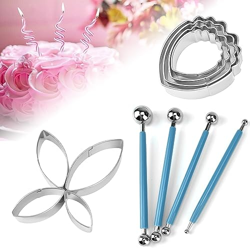 Kleemeiero Tortendekoration Modellierwerkzeuge 8 Stück Fondant Ausstechformen Pfingstrose Seerose Fondant Ausstecher Set Plätzchenausstecher 4 Stück Ball Stylus Werkzeuge Modellier-Werkzeug Set