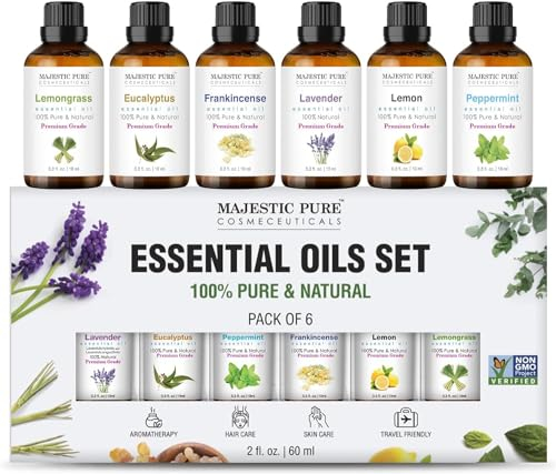 Majestic Pure 100% Pure Essential Oil Set - 6 x 10ml(Peppermint, Lavender, Eucalyptus, Frankincense, Lemongrass, Lemon)| Essential Oils for Diffusers for Home, Skin, Aromatherapy, Humidifiers