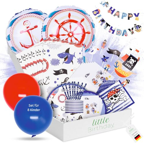 LITTLE BIRTHDAY | Pirat Partygeschirr Paket Set Kindergeburtstag | Party Deko| Geburtstag 8 Personen | Pappteller| Pappbecher| Servietten| Luftballons | Topper | Einladungskarten | Tütchen | alles