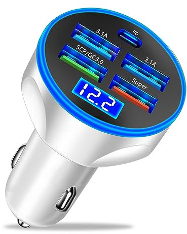 Moioee Caricabatteria da auto USB a 5 porte, 250 W, ricarica super veloce, adattatore accendisigari con monitor di tensione LED, 4USB+tipo C, accessori per auto multi porta interni compatibile con la