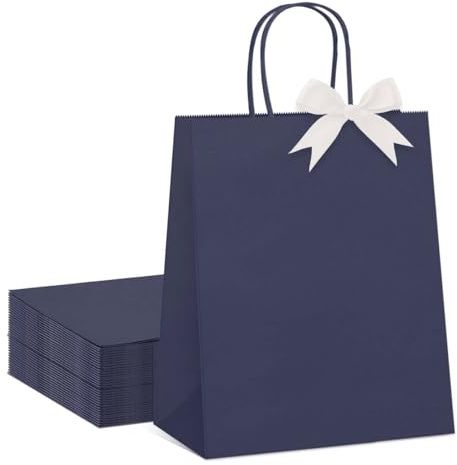 Switory 24 Stück Geschenktüten mit Schleifenbändern, Dunkelblau Papiertüten mit Henkel für Herren, Klein Partytüten für Valentinstag, Geburtstag, Hochzeit, Baby-Dusche, Einzelhandel (21X15X8cm)