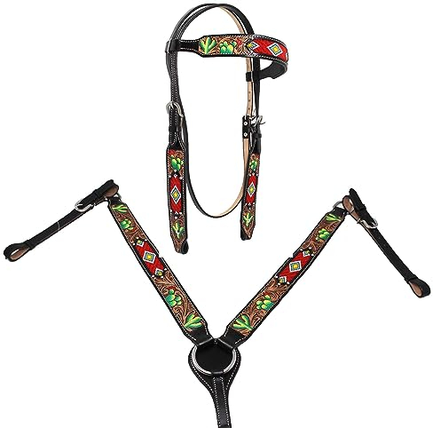 CHALLENGER Horse Show Bridle Western Leather Western Cactus Floral Tooled Leather Beaded Bridle Breast Collar Tack 79FK09