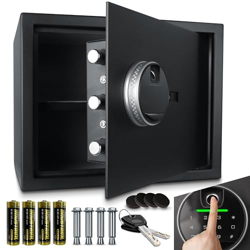ONBEST elektr. Tresor, Safe mit Fingerabdruck, Zahlencode & Schlüssel – Safe aus Stahl mit 3 Schließbolzen – Geld, Wertsachen & Dokumente sicher verwahren – Möbel-safe 30x38x30 cm groß (L)