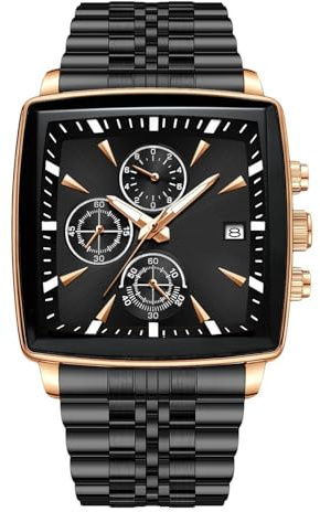 RORIOS Relojes Cuadrados para Hombre Relojes Analógico Cuarzo Reloj de Pulsera Multifuncional Negocios Reloj Simple Luminoso Correa de Acero Inoxidable Negro A