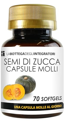 Semi di Zucca 70 Softgels | Perle con Olio Spremuto a Freddo titolato in Omega 3 Omega 6 e Omega 9, Acido Linoleico e Acido Oleico | 1 Softgel al giorno