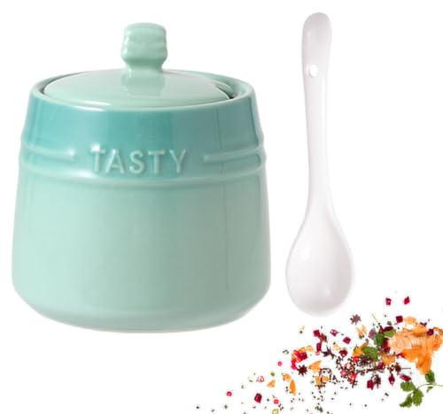 SSWH Azucarero de Porcelana con Tapa y Cuchara, pequeño Recipiente de cerámica para té, café, azúcar, Cocina, Recipiente para condimentos, Adecuado para cafetería, hogar(Size:9.7X8.5CM,Color:E)
