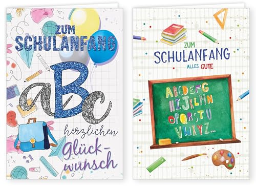 PremiumLine Karte zum Schulanfang, 2 Stück mit Umschlag | Glückwunschkarte zur Einschulung | Grußkarte für Jungen und Mädchen | Klappkarte 11,5 x 17 cm