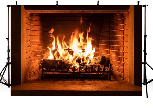 AIBIIN 7x5ft Burning Fireplace Backdrop Brick Wall Wood Fire Flame Photography Background Outdoor Travel Home Fireplace Decor Banner Portrait Photo Props