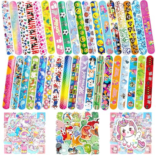Seamart Bomboniere per Feste, Regalo Feste di Compleanno, 24 Schiaffo Bracciali per Bambini + 50 Adesivi, Bracciali a Scatto, Braccialetti Slap Set con Cartoon Accessori per Compleanno