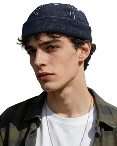 Clakllie Denim bomull dockarkeps herr broderi sjömansmössa hip hop dockningsmössa justerbar hamnmössa keps utan skärm rullad manschett fiskarhatt, CDGE-HBMH1-marinblå, one size
