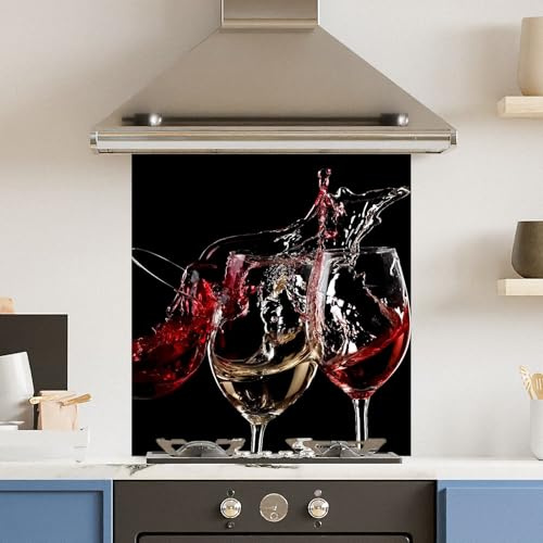 Toughened 6mm Glass Kitchen Splashback 60 x 65cm 3 Wine Glasses - Polished Edge Heat Resistant Back Splash for Cookers Hob