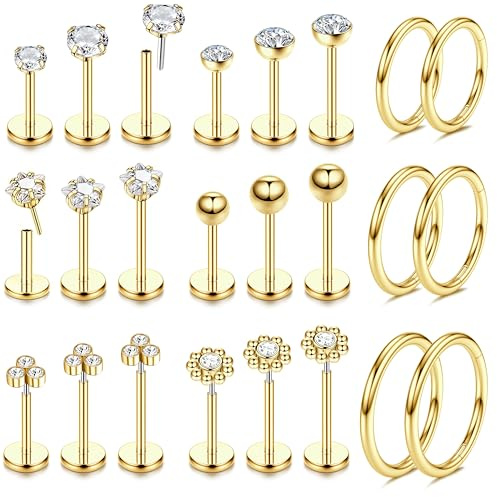 JeweBella 20G Piercing Nariz y Oreja - Acero Quirurgico para Tragus, Septum, Helix, Labio, Conch - Aro y Pendientes Hipoalergenicos en Plata y Oro 6/8/10MM