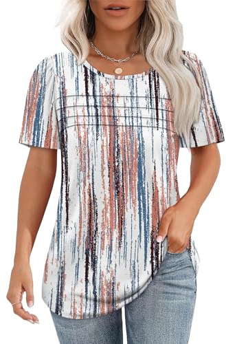 Aokosor Ladies Summer Tops Women T Shirts Short Puff Sleeve Blouses Pleated Front Curved Hem Tees Casual Loose Fit Dye Multicolor Size 22-24