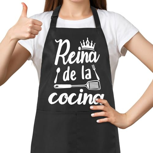 Halinuia Delantal Cocina Mujer Ajustable Delantales de Cocina con Bolsillo Impermeables Aprons Negro Delantal para Mamá, Esposa, Abuela, Novia