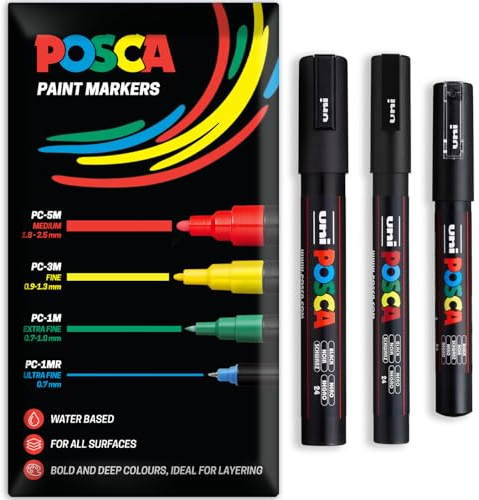POSCA Permanent-Marker auf Wasserbasis, verschiedene Oberflächen, PC-1M, PC-3M, PC-5M, 3 Stifte in Brieftasche (Schwarz)