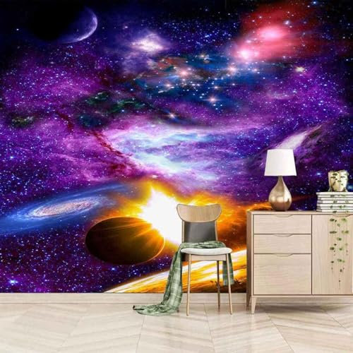 XLMING Esthétique Univers Violet Ciel Étoilé Planète 3D Papier Peint Intissé Salle à Manger Bureau D'étude Canapé Chambre Salon TV Mur-430cm×300cm