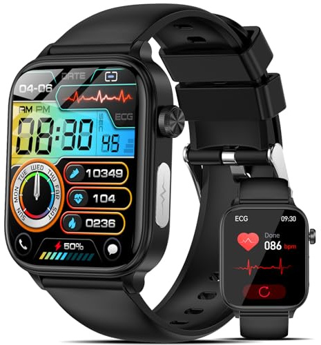 Marsyu Smartwatch Uomo con ECG/Acido Urico/Pressione Sanguigna/Sonno/BMI/Temperatura Corporea/Cardiofrequenzimetro,1,96 Orologio con Funzione Telefono,Pulsante SOS (Casual, 1.96inch)