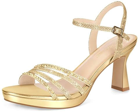 PIZZ ANNU Lena Sandali Platform Donna Estive Eleganti Glitter Strass Punta Aperta Sandalo con Tacco Plateau Scarpe per Cerimonia Sposa con Cinturino alla Caviglia Oro EU 37